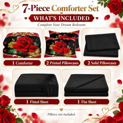 AILONEN 3D Oil Painting Red Rose Comforter Set Twin Size,7-Piece 3D Rose and Butterfly Pattern Bed in a Bag,Comforter & Fitted Sheet with Flat Sheet & 2 Pillowcases,2 Pillow Cases for Bedroom