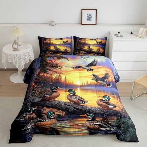 Feelyou Mallard Duck Bedding Set Boys Girls Wild Duck Hunting Comforter Set for Kids Women Men Soft Lake Cabin Farmhouse Comforter Quilt Room Decor Toddler Size Duvet Set Boys