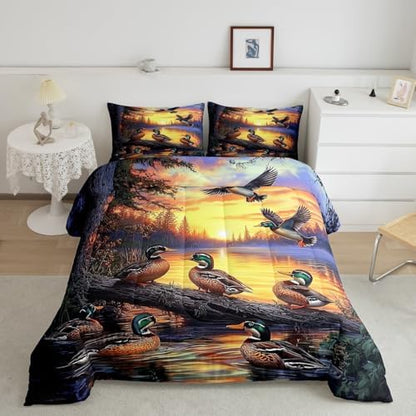 Feelyou Mallard Duck Bedding Set Boys Girls Wild Duck Hunting Comforter Set for Kids Women Men Soft Lake Cabin Farmhouse Comforter Quilt Room Decor Toddler Size Duvet Set Boys