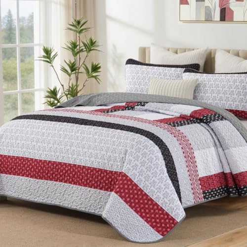 WONGS BEDDING Boho King Size Quilt Set, Black Red Striped Bedspread