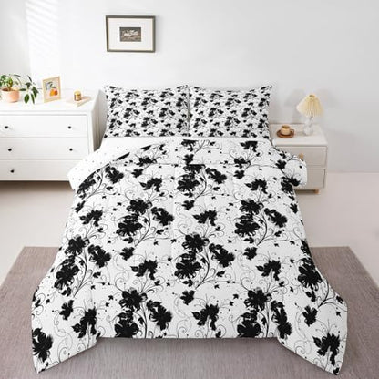 jejeloiu Black Flower Comforter Set Toddler Size Kids Floral Bedding Set for Boys Girls Teens Botanical Duvet Breathable Minimalist Aesthetics Quilt Bedroom Decor,1 Comforter with 1 Pillowcase