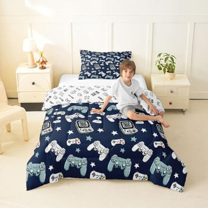 Castle Fairy Gamepad Comforter Set,Video Gaming Blue Bedding Set for Kids Teens,Kids Games Consoles Quilt Set,Duvet Insert 2 Pcs with 1 Pillowcase,Toddler