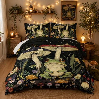 Nttopship Frog Mushroom Comforter Bedding Set with 2 Pillowcase Full Size Cartoon Frog Mushroom Butterfly Comforter Set for Kids Boys Girls Bedroom Decor