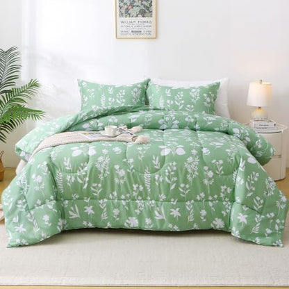 Mooreeke Twin Size Comforter Sets, Lightweight Dark Green with White Flower Patterned Bedding for All Seasons, 2-Piece Vintage Bed in a Bag with Fluffy Quilted Reversible Comforter & Pillow Sham