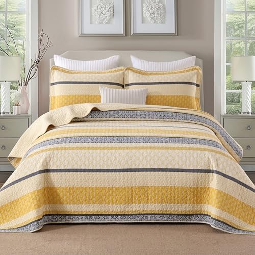 Homzard Quilt Cotton Queen Quilt Bedding Set,Yellow Black Grey Queen Size Comforter Set,Striped Bedspread Queen Size, Lightweight Farmhouse Bed Set Cover All Season 3 Pieces