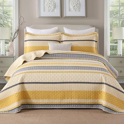 Homzard Quilt Cotton Queen Quilt Bedding Set,Yellow Black Grey Queen Size Comforter Set,Striped Bedspread Queen Size, Lightweight Farmhouse Bed Set Cover All Season 3 Pieces