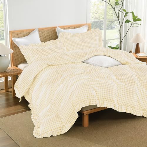 Andency Yellow Gingham Duvet Cover King, Ruffle Shabby Bedding Set 3 Pcs