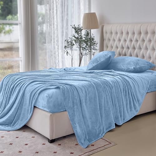 Elegant Comfort Luxuriously Soft 4-Piece Velvet Plush Flannel Sheet Set - Premium Quality - Cozy Warm, Anti-Static, Non Pilling Fuzzy Velvet Flannel Fleece Deep Pocket Sheet Set - King, Denim Blue