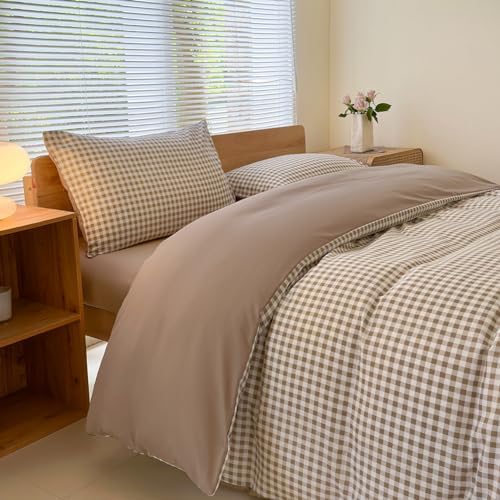 NSNLGSGC Tan Gingham Grid Queen Size Duvet Cover Set