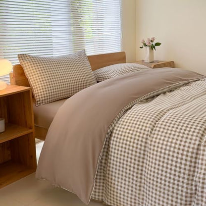NSNLGSGC Tan Gingham Grid King Size Duvet Cover Set