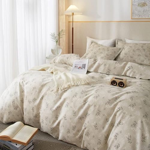 LifeTB Vintage Boho Floral Comforter Set Queen Soft Fluffy Beige Floral Bedding Comforter Set 1 Queen Comforter with 2 Pillowcases Garden Style Vintage Flower Botanical Comforter Set for All Seasons