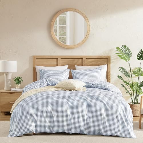Andency Gingham Duvet Cover Full Size, Misty Blue Checkered Plaid Bedding Set, 3 Pieces Soft Prewashed Microfiber Comforter Cover with Zipper Closure & Corner Ties