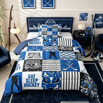 Hockey Sport Comforter Set Twin Size,Eat Sleep Hockey Player Silhouette Bedding Sets 2Pcs for Kids Girls Boys Teens Room Decor,Athletic Quilted Duvet Blue Black White Line Down Comforter,1 Pillowcase