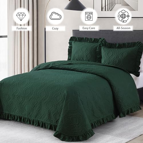 DJY King Quilt Set Emerald Green, 3 Pieces Ruffled Bedspreads Quilt
