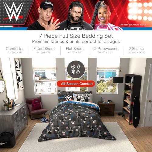 WWE Wrestling Bedding Set, Full Size 7 Piece Set Super Soft Cozy Reversible Comforter and Sheet Set with Sham, (100% Officially Licensed Product) by Franco
