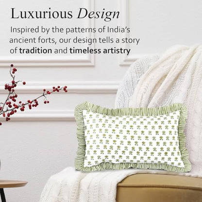 CPC Block Print Lotus Meadow Ruffle Cotton Lumbar Pillow Cover 12x20 inch