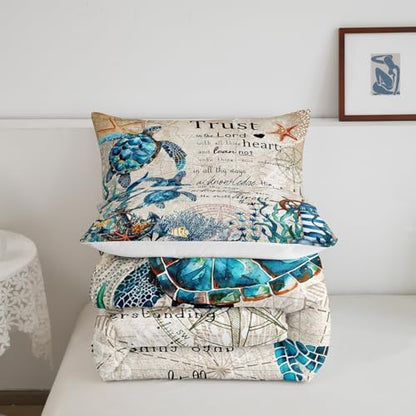 Ocean Turtle Comforter Set Queen Size,Retro Nautical Anchor Bedding Set 3pcs Undersea Fish Coral Shells Quilted Duvet for Teens Kids Girls Boys Room Decor,Bible Quotes Duvet Insert,2 Pillowcases