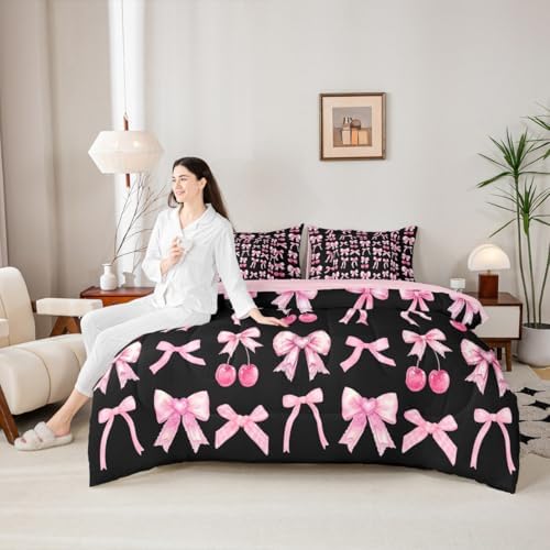 Pink Cherry Bow Comforter Set 7 Piece Bed in a Bag Twin, Cute Silk Ribbon Bowknot Bedding Sets Princess Bow Tie Comforter and Sheet Set, Dreamy Kawaii Room Decor,Girly Hot Pink and Black Room Decor
