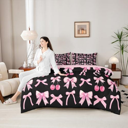 Pink Cherry Bow Bed in a Bag King Size Comforter Set 7 Pieces, Cute Silk Ribbon Bowknot Bedding Sets Princess Bow Tie Comforter and Sheet Set, Dreamy Kawaii Room Decor Hot Pink and Black Room Decor