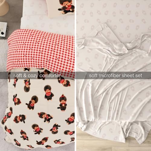 Monchhichi Bedding 7 Piece Full Bed Set, Soft Cozy Nostalgia Reversible Comforter and Sheet Set with Sham, (Officially Licensed Product) by Franco