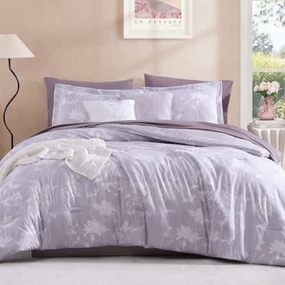 BLOOMHAVEN King Size Comforter Set-7 Pieces Purple Floral Bed in a Bag Kin