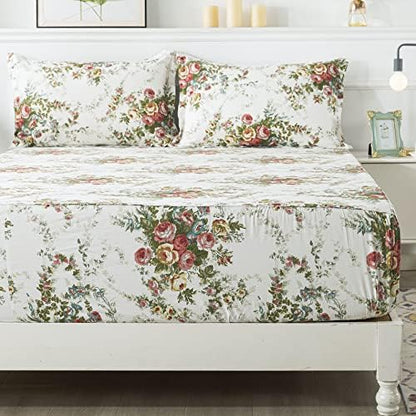 FADFAY Floral Sheet Set Full Cotton Vintage Rose Super Soft Garden Flower Bedding Hypoallergenic Girls Farmhouse Bedding White Deep Pocket Fitted Sheet 4-Pieces