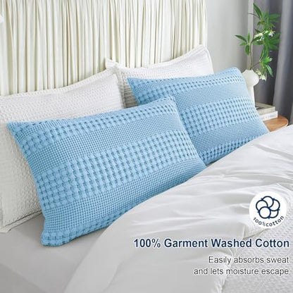 PHF Cotton Waffle Pillow Shams Standard Size 20" x 26", Sky Blue, No Insert