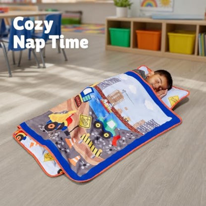 EVERYDAY KIDS Toddler Nap Mat with Removable Pillow -Under Construction- Carry Handle with Fastening Straps Closure, Rollup Design, Soft Microfiber for Preschool, Daycare, Sleeping Bag -Ages 2-6 years