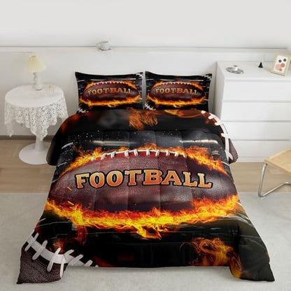 Castle Fairy Football Comforter Set Twin Size American Rugby Sports Bedding Set Kids Boys Teens Ball Gaming Theme All Season Quilt Set 3D Burning Flame Bedding Comforter Sets with 1 Pillowcase