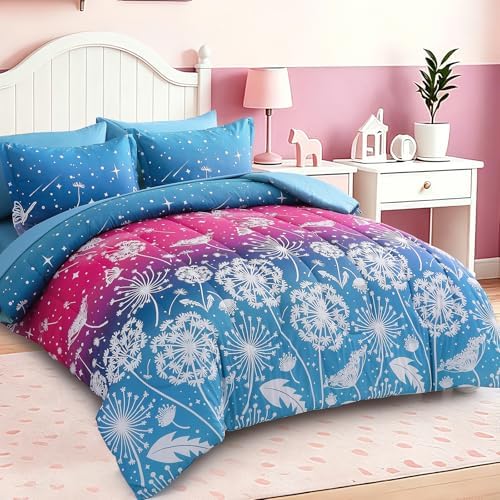 Dinjoy Girls Comforter Set 5 Pieces, Twin Size Colorful Ombre Rainbow Bedding Set, Bed in A Bag for Kid Teen Girls (1 Comforter, 1 Flat Sheet, 1 Fitted Sheet, 1 Pillow Shams, 1 Pillowcases)