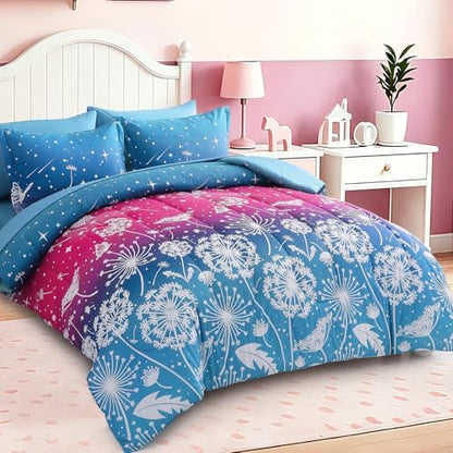 Dinjoy Girls Comforter Set 5 Pieces, Twin Size Colorful Ombre Rainbow Bedding Set, Bed in A Bag for Kid Teen Girls (1 Comforter, 1 Flat Sheet, 1 Fitted Sheet, 1 Pillow Shams, 1 Pillowcases)