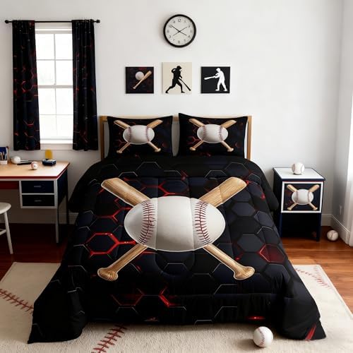 Castle Fairy Boys Baseball Twin Size Comforter Set,Kids Ball Games Theme Decor All Season Bedding Set,Teens Softball Comforter,Children Honeycomb Decor Quilt Set Bedroom Collection 2Pcs