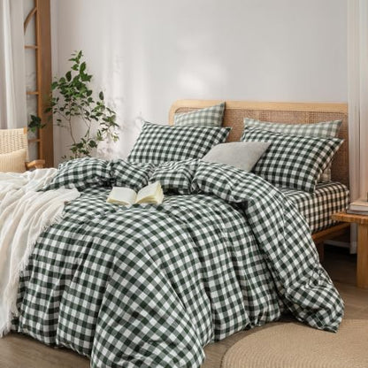 BESTOUCH Gingham Cotton Duvet Cover Set Green Super King