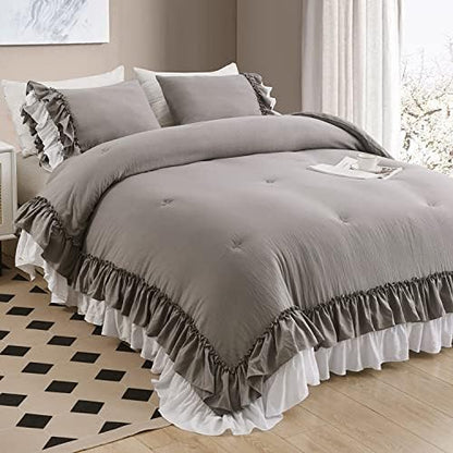 Masaca Shabby Ruffled Comforter King Size,Vintage Farmhouse Ruffle King Size Comforter Set French Country Rustic Aesthetic Bedding Extra Soft 3 Pieces