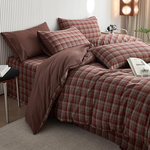 LifeTB Vintage Red Plaid Duvet Cover Twin XL, Soft 100% Washed Cotton Bedding Set Red&Blue Grid Comforter Cover, Retro Plaid Checkered Bedding Set Farmhouse Gingham Duvet Cover with Zipper Ties
