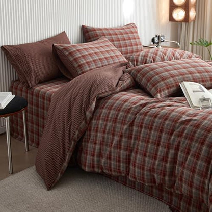 LifeTB Vintage Red Plaid Duvet Cover Twin, Soft 100% Washed Cotton Bedding Set Red&Blue Grid Comforter Cover, Retro Plaid Checkered Bedding Set Farmhouse Gingham Duvet Cover with Zipper Closure