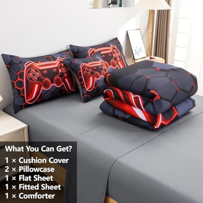 6Pcs Gamer Comforter Set with Sheets for Boys Girls Kids Teens, Colorful Gaming Themed Bed in A Bag Full Size, Black 3D Video Game Controller Bedroom Decor Bedding Set