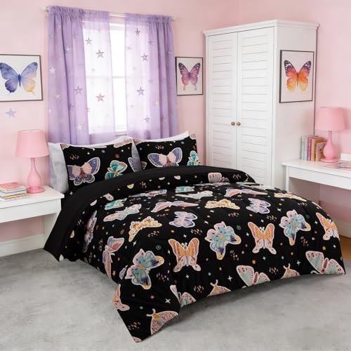 Holawakaka Glow in The Dark Butterfly Twin Size Kids Comforter Set 5-Piece