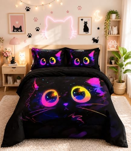 Nttopship Cute Cat Kids Comforter Set Full Size 7pcs Black in Dark 3D Digital Animals Printed Pattern Comforter Set for Kids Boys Girls Adults Animal Print Room Decor