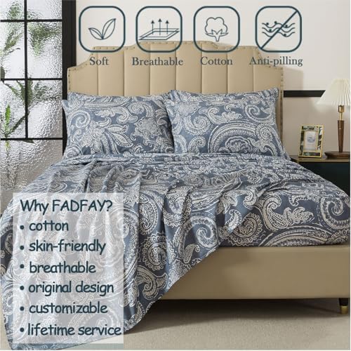 FADFAY Twin XL Sheet Set – 4 Piece Bed Sheets for College Dorms, Vintage Blue Grey Paisley Floral Pattern Soft and Breathable 100% Cotton, Includes 1 Fitted Sheet, 1 Flat Sheet and 2 Pillowcases