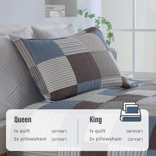Y-PLWOMEN 100% Cotton King Size Quilt Farmhouse Plaid 3-Pieces Bedding