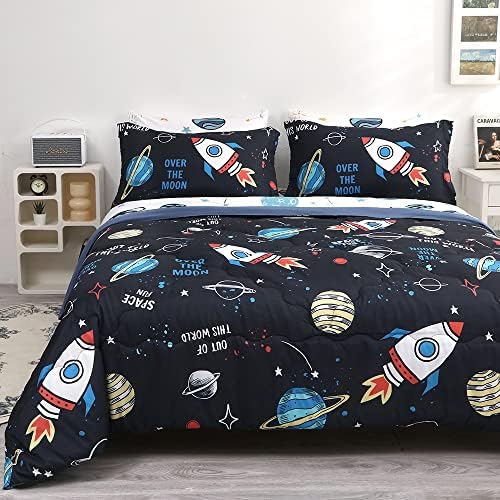 Wajade Kids Space Comforter Set Bed in A Bag Queen Size 7 Piece 3D Space Rocket Planets Bedding Set for Teens Boys Girls (1 Comforter, 1 Flat Sheet, 1 Fitted Sheet, 2 Pillowcase and 2 Pillow Sham)