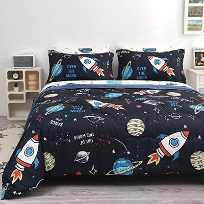 Wajade Kids Space Comforter Set Bed in A Bag Queen Size 7 Piece 3D Space Rocket Planets Bedding Set for Teens Boys Girls (1 Comforter, 1 Flat Sheet, 1 Fitted Sheet, 2 Pillowcase and 2 Pillow Sham)