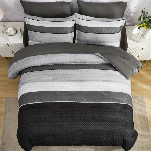 Comforter Set Queen Size 7 Piece Bed in a Bag Boho Black Striped Bedding Set Soft Microfiber Comforter and Sheet Set for All Season (Queen, 90"x90")