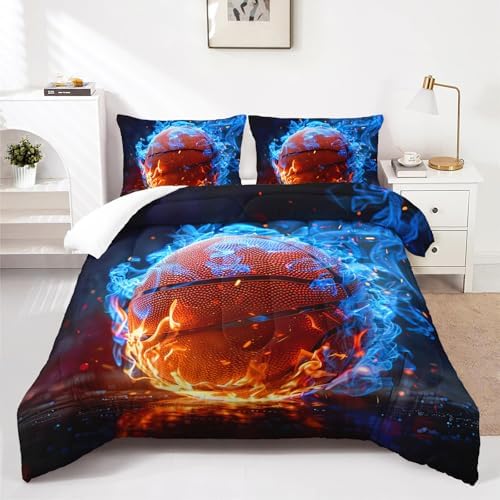 Nttopship Fire Basketball Comforter Set Queen Size,100% Soft Ultra-fine Fiber Four Season Sport Basketball Comforter Set with 1 Comforter and 2 Pillow Case