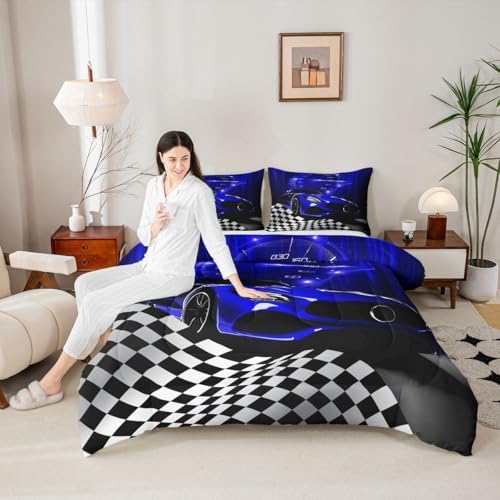 Erosebridal Blue Race Car Comforter Set for Children Boys,Glitter Ombre Line Art Bedding Set Neon Light Sports Car Dashboard Quilt Full,Black and White Grid Lattice Buffalo Plaid Decor