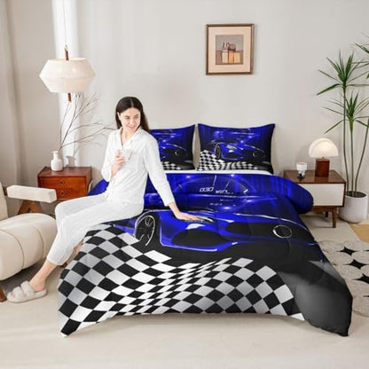 Erosebridal Blue Race Car Comforter Set for Children Boys,Glitter Ombre Line Art Bedding Set Neon Light Sports Car Dashboard Quilt Full,Black and White Grid Lattice Buffalo Plaid Decor