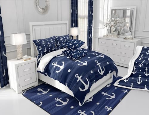 Manfei Anchor Comforter Set Full Size, Nautical Theme Down Comforter with 2 Pillowcases, Rustic Farmhouse Navy Blue Bedding Set 3pcs for Kids Boys Teens Bedroom Decor Lightweight Duvet Insert