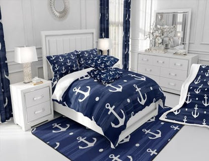 Manfei Anchor Comforter Set Full Size, Nautical Theme Down Comforter with 2 Pillowcases, Rustic Farmhouse Navy Blue Bedding Set 3pcs for Kids Boys Teens Bedroom Decor Lightweight Duvet Insert