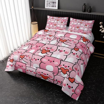 Pink Pig Comforter Set King，Kawaii Pink Cute Animals Bedding Set for Kids Boys Girls Teens Room Decor Kawaii Animals Comforter Set Farmhouse Wildlife Theme Bedroom Living Room Decor，All Season